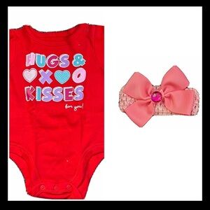 Valentine’s Day Baby Girls Hugs & Kisses Bodysuit + Matching Bow 0-3 Months